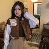 Kvinnorjackor Brown Baseball Fashion Fall For Women Patchwork Button Black Crop Top Coats Red Varsity Bomber Jacket 230202