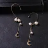 Pendientes traseros estilo coreano Color dorado perlas cristal borla larga Luna oreja manguito mujeres sin Piercing Clip en temperamento fiesta joyería