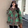 Damesjassen Plaid Motorfiets Jacket Dames Vintage Lamb Wol Korte Outerwear Vrouwelijke herfst Winter plus fluweel dikke pocket Warm jas