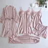 Women's Sleepwear Gray 5PCS Nightgown Set Women Lace Nightwear V-Neck Pajamas Suit Homewear Spring Robe Gown Sleep Wear Pijama Negligee