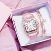 ساعة Wristwatches 2pcs Women Diamond Watch Starry Square Dial Bracelet Watches Ladies Leather Band Quartz Wristwatch Female (بدون صندوق)