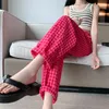 Frauen Hosen Plaid Puff Baumwolle Und Leinen Joggers Für Frauen Elastische Taille Cargo Jogginghose Lose Sommer Rosa Baggies