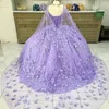 Luxury Lanvender Butterfly Quinceanera Robes avec longue enveloppe de l'épaule princesse 15 gilrs robes de fête de bal de fête en perles appliqués sweet seize robe