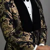 Men's Suits & Blazers 2 Piece Black Floral Jacquard Prom Men Slim Fit With Velvet Shawl Lapel Wedding Groom Tuxedo Male Fashion Clothes
