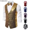 Gilets pour hommes Brillant Gold Sequin Sparkling Gilet Hommes Slim Fit Col V 2 Pièces Mens Gilet avec Bowtie Mariage Party Stage Costume Gilet 230202