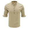 Erkek Tişörtler Beyaz Pamuk Gömlek Erkek Gündelik Katı Gömlek Bluz Cep Uzun Kollu Düğme Stand Yasak Ops Mens OP Egzersiz Y2302