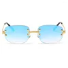 Solglasögon Rimless Retro Women High Quality Rectangle Fashion Luxury Square Frame Eyewear UV400