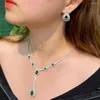 Necklace Earrings Set BeaQueen Long Pendant And For Ladies Bridesmaid Green White Crystal Cubic Zirconia Wedding JS309