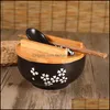 Bols Bol À Soupe En Porcelaine De Style Japonais Pâtes Aux Céréales Servant Avec Une Cuillère Baguettes En Bois Couvercle Set De Table En Céramique Drop Delivery Home G Dhnye