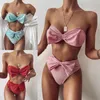 Women's Swimwear Chili Girl Waist Bikinis 2023 Swimsuits Bandeau Women Shiny Bow Biquini Solid Strapless Bathers Bathing Suit