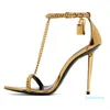 Elegant Summer Brands Padlock Sandals Shoes Women Lock & Key 22 Stiletto Heels Pointy Naked Gold Chain Link Lady Sandalias Party Wedding Dress EU35-43