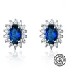 Stud -oorbellen Real 925 Sterling Silver For Women Classic Diana creëerde Blue Sapphire British Royal Gifts Fine JewelryStud Effi22