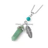 Pendant Necklaces Natural Stone Tower With Feather Plated Charm Healing Column Gemstone Pendants For Women Sweater Necklace Statemen Dho5Q