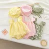 Robes d'été pour filles, 1 ensemble, vêtements pour bébés filles, combinaison avec manches de chapeau, coton imprimé, épissage de maille, barboteuse pour tout-petits