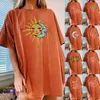 Camisetas femininas Summer Summer Summer Vintage Casual Sun Feminino e Tops Blusa Curta Blusa Padrão Impresso Lua Lua Esfregar