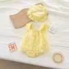 Robes d'été pour filles, 1 ensemble, vêtements pour bébés filles, combinaison avec manches de chapeau, coton imprimé, épissage de maille, barboteuse pour tout-petits