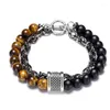 Pulsera de hombre con cuentas de piedra de ojo de tigre Natural de diseño único, pulsera de cadena de eslabones de acero inoxidable para hombre, regalos para hombre, gota