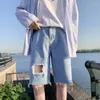 Мужские шорты тренд Trend Boardshorts Мужские разорванные отверстия Джинсовая джинсовая ткань светло -голубые прямые короткие штаны 2023 Летний пляж