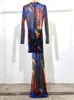 Sukienki swobodne Vgh Spring Fashion Colorblock Sukienka dla kobiet Turtleeck długi rękaw Patchwork Sheer Mesh Nieregularne sukienki żeńskie ubranie 230202