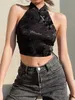 Canottiere da donna Camis Darlingaga Stile cinese Elegante Jacquard Nero Halter Top Backless Lace Up Bow Canotta estiva Canotta sexy da donna Gotico Crop Top Y2302