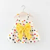 Flickaklänningar små flickor klär sommar mode Sling Yellow Bow Dot Print Casual Baby Kort kjol Kids söta kläder Vestidos