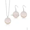 Earrings Necklace Button Round Stone Jewelry Set Natural Gemstone Pendant And Earring Sier Plated Chain 18 Inch For Women Drop Del Dhspz