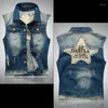 Herenvesten denim vest patchwork voor heren 5xl plus size slanke gaten jean jas brief borduurwerk casual mannelijke colete gilet