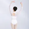 Collant feminino de ginástica de balé translúcido de peça única elegante malha de retalhos manga longa manga longa costas oco bodysuit