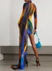 Sukienki swobodne Vgh Spring Fashion Colorblock Sukienka dla kobiet Turtleeck długi rękaw Patchwork Sheer Mesh Nieregularne sukienki żeńskie ubranie 230202