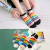 Women Socks 5 Pairs Spring Summer Silk Cotton Girls Striped Transparent Glass Fiber Fashion Rainbow Harajuku Cute Ankle