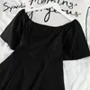 Casual Dresses Syiwidii ​​Elastic High midja Kvinnor Knapp Kort ärm A-Line Solid Black Clothes 2023 Summer Korean modeklänning