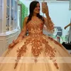 2023 Rose Gold Ball Gown Quinceanera Dresses Bridal Gowns Sparkly Sequined Lace Crystal Beads Illusion Open Back Sequins Half Sleeves Sweet 16 Dress Sweetheart