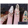 Band Rings Fashion Jewelry Metal Nail Ring Hollowed Bowknot Crown Flower Rhinstone Nails Beauty Drop Delivery Dh7Mo