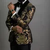 남자 양복 블레이저 2 조각 검은 꽃 자카드 댄스 파티 남자 슬림 벨벳 숄 라펠 라펠 웨딩 신랑 턱시도 남성 패션 의류