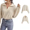 Women's Polos Women Autumn Knitting Shirt Solid Color Lapel Zipper Long Sleeves Pullover Tops For Girls Apricot