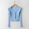 Women's Knits Women Button Up Ribbed Cardigan With Frill Trims V Neck Knit Top