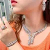 Necklace Earrings Set BeaQueen Gorgeous Colorful Micro Pave Cubic Zircon Leaf Silver Plated 4pcs Women Wedding Party Costume Jewelry S347