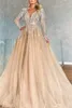 Champagne Dresses 2023 Evening Long Sleeves Beaded Sequins Plunging V Neck A Line Floor Length Plus Size Pleats Prom Gown Formal Custom Vestidos estidos