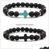 Beaded 8Mm Black Stone Beads Cross Charms Elastic Strand Bracelet Bangle For Women Men Jewelry Drop Delivery Bracelets Dhgarden Dhgkq