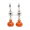 Dangle Chandelier Natural Stone Earrings Carving Mini Small Pumpkin Crystal Agate Gemstone Drop With Black Gems For Women Party Gi Dha5Z