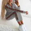 Women's Two Piece Pants Long Sleeve Hooded Sweatshirt Set Women Leopard Stitching Drawstring Sporty Outfits Suit Streetwear