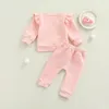 Ensembles de vêtements Saint-Valentin 2 pièces enfants costume ensemble couleur unie ONeck manches longues à volants hauts pantalons nœud papillon pour filles rose 024 mois 230202