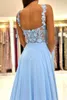 2023 Azul Prom Vestidos Illusion Top Lace Applique Spaghetti Straps Side Slit Chiffon Ruffles Custom Made Vestido de Noite Formal Ocn Wear Vestidos Plus Size 401 401