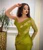 Sparkly Green Mermaid Prom Dresses Long Sleeve One Shoulder Satin Evening Gowns Formal Dress vestidos de noche