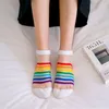 Women Socks 5 Pairs Spring Summer Silk Cotton Girls Striped Transparent Glass Fiber Fashion Rainbow Harajuku Cute Ankle