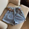Pantalones cortos de mujer de cintura alta con cinturón Denim Mujer Pantalones de verano niñas sueltas Casual azul lavado ropa de calle parte inferior de mujer C8167