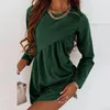 Casual Dresses Fashion O-Neck Smocked Office Ladies Dress Long Sleeve Solid Color Commute Elegant Women Simple Mini Vestidos