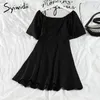 Casual Dresses Syiwidii ​​Elastic High midja Kvinnor Knapp Kort ärm A-Line Solid Black Clothes 2023 Summer Korean modeklänning