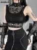 Kvinnors tankar Camis Goth Dark Skull Fishnet Mall Gothic Women Tank Tops Grunge Eesthetic Punk Black Crop Top With Glove E-Girl Emo Alternative Vests Y2302