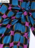 Casual Jurken Zevity Vrouwen Vintage Contrast Kleur Geometrische Print Zijkant Strik Gebonden Slanke Wrap Midi Jurk Vrouwelijke Lange Mouw Kimono vestidos DS2256 230202
